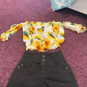 Off the shoulder top w/ high waisted jeans shorts